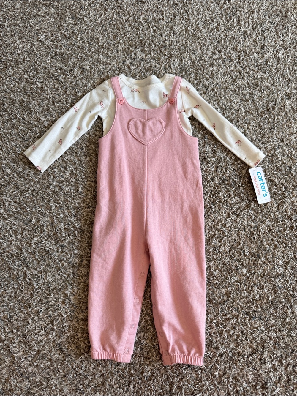 NWT Carter's Light Pink Heart Overalls with Cream Floral Long-Sleeve Tee